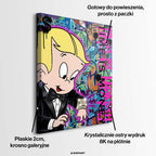Nowoczesny obraz pop-art na płótnie z postacią chłopca w garniturze spoglądającego na luksusowy zegarek na tle graffiti Time is money. Wydruk Huephant.
