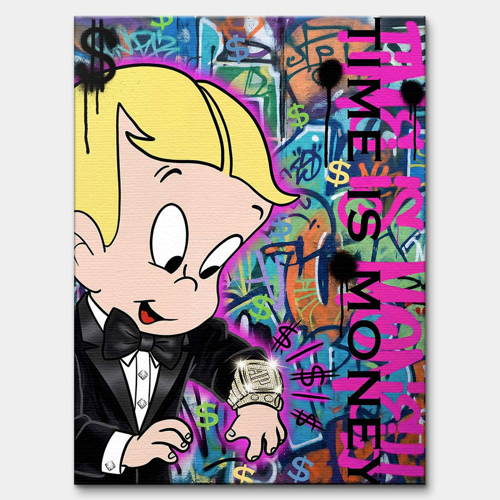 Nowoczesny obraz pop-art na płótnie z postacią chłopca w garniturze spoglądającego na luksusowy zegarek na tle graffiti Time is money. Wydruk Huephant.