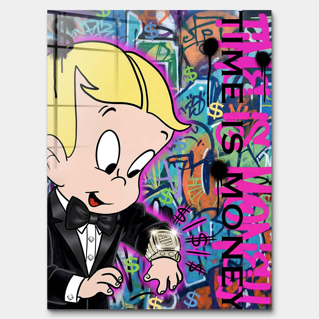 Nowoczesny obraz pop-art na szkle akrylowym z postacią chłopca w garniturze spoglądającego na luksusowy zegarek na tle graffiti Time is money. Wydruk Huephant.