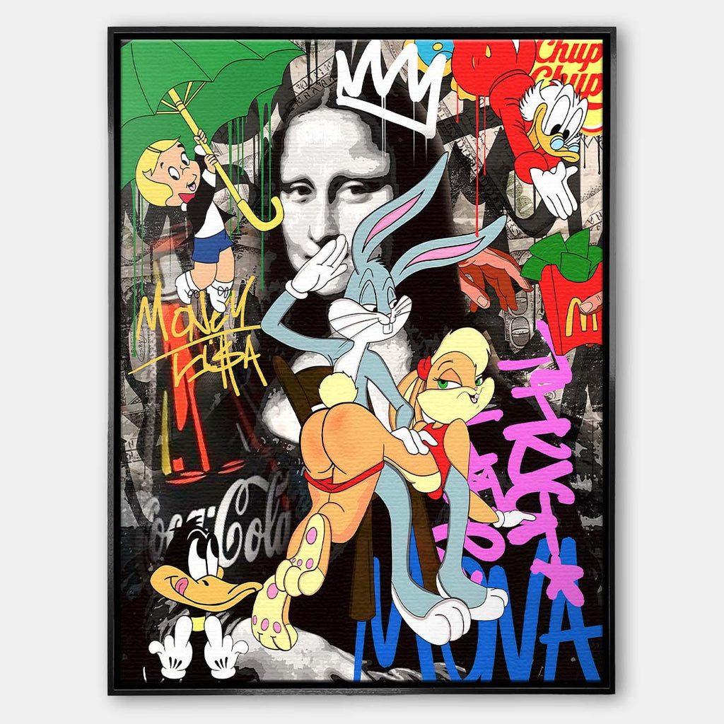 Nowoczesny obraz pop-art na płótnie z postacią królika i klasycznym portretem kobiety w tle pokrytym kolorowym graffiti. Wydruk galeryjny Huephant.