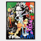 Nowoczesny obraz pop-art na płótnie z postacią królika i klasycznym portretem kobiety w tle pokrytym kolorowym graffiti. Wydruk galeryjny Huephant.