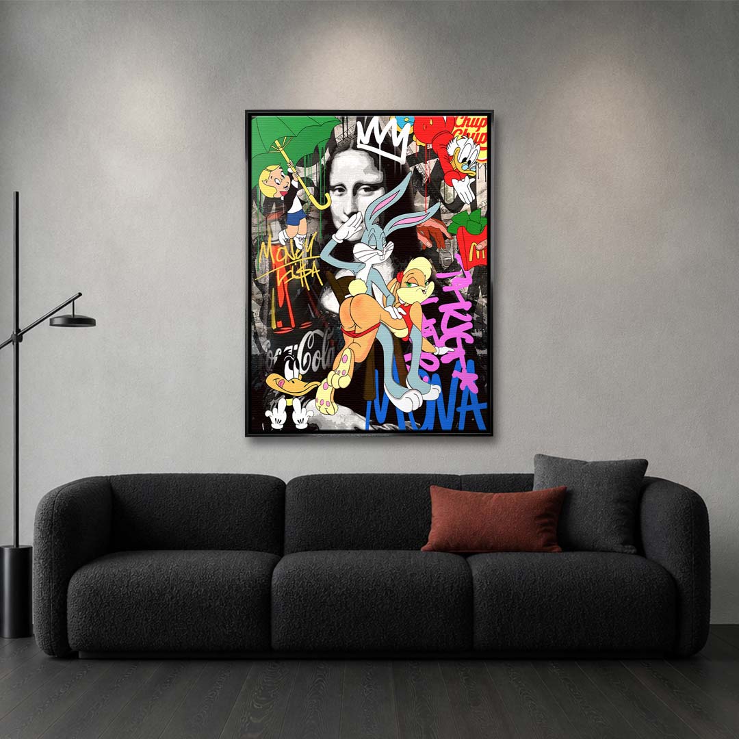 Nowoczesny obraz pop-art na płótnie z postacią królika i klasycznym portretem kobiety w tle pokrytym kolorowym graffiti. Wydruk galeryjny Huephant.
