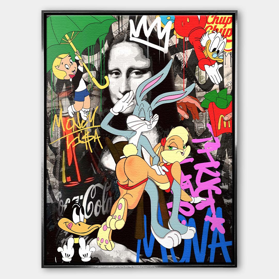 Nowoczesny obraz pop-art na płótnie z postacią królika i klasycznym portretem kobiety w tle pokrytym kolorowym graffiti. Wydruk galeryjny Huephant.