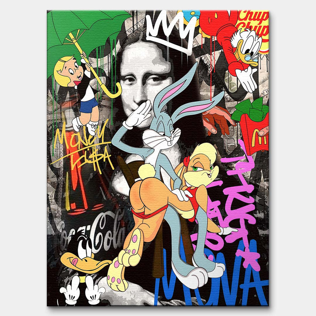 Nowoczesny obraz pop-art na płótnie z postacią królika i klasycznym portretem kobiety w tle pokrytym kolorowym graffiti. Wydruk galeryjny Huephant.