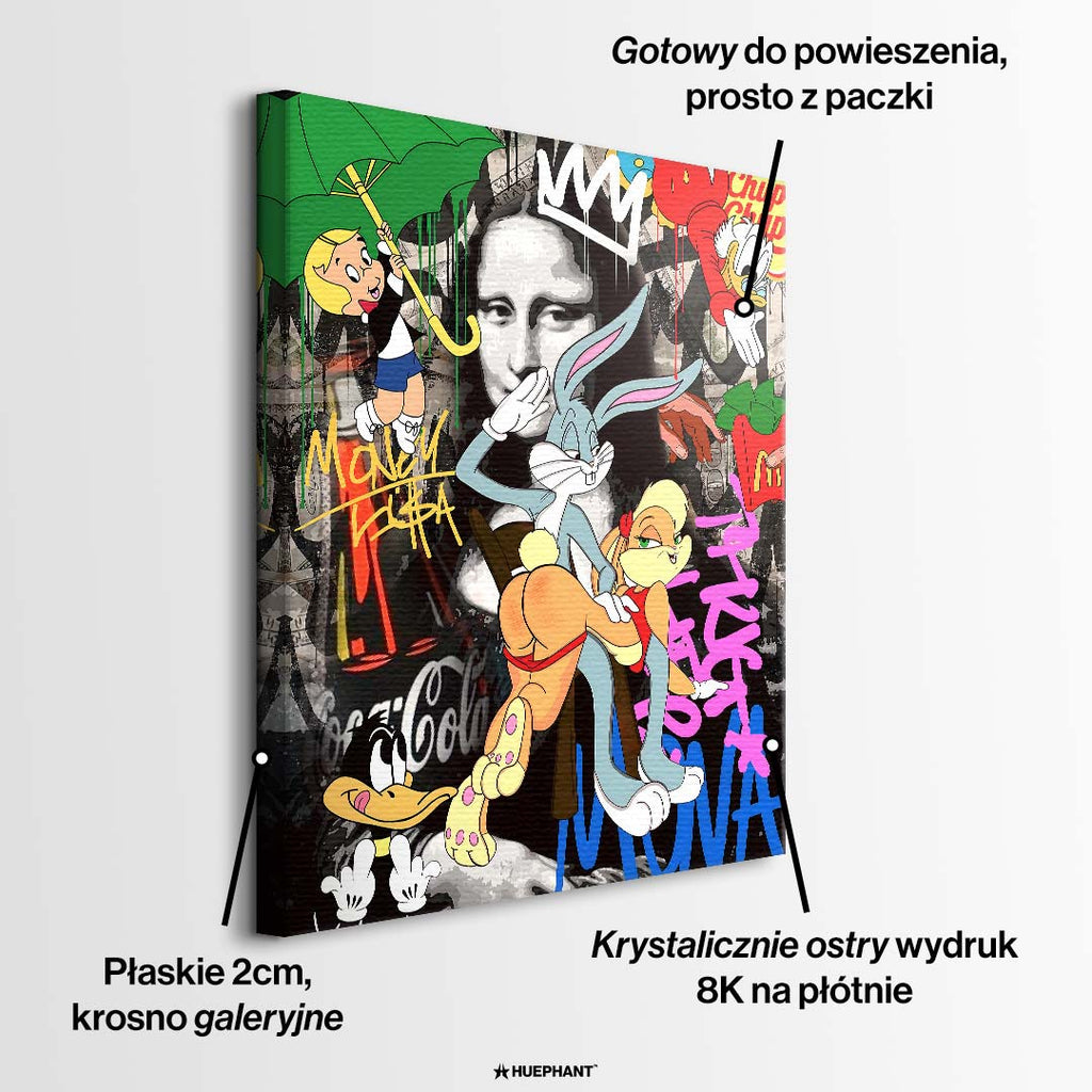 Nowoczesny obraz pop-art na płótnie z postacią królika i klasycznym portretem kobiety w tle pokrytym kolorowym graffiti. Wydruk galeryjny Huephant.