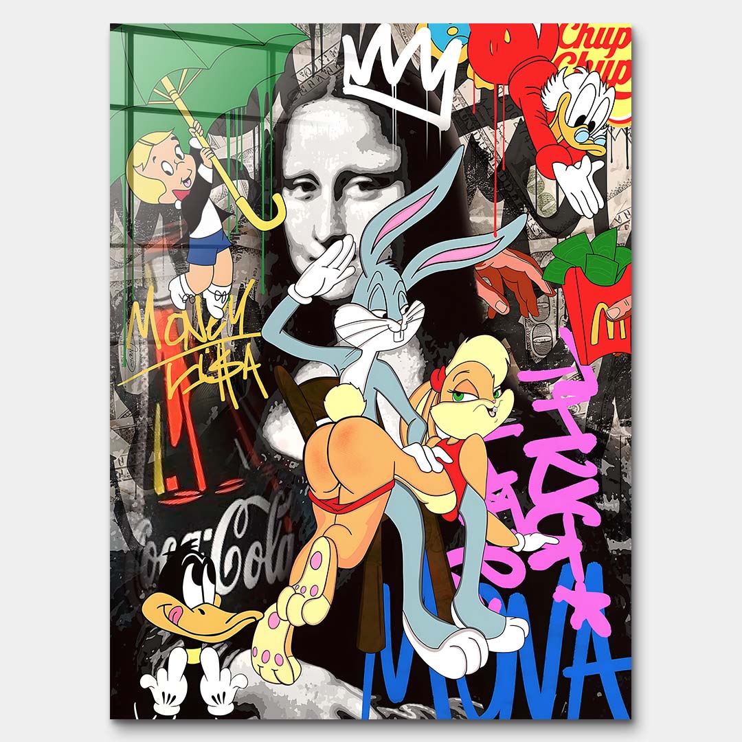 Nowoczesny obraz pop-art na szkle akrylowym z postacią królika i klasycznym portretem kobiety w tle pokrytym kolorowym graffiti. Wydruk galeryjny Huephant.