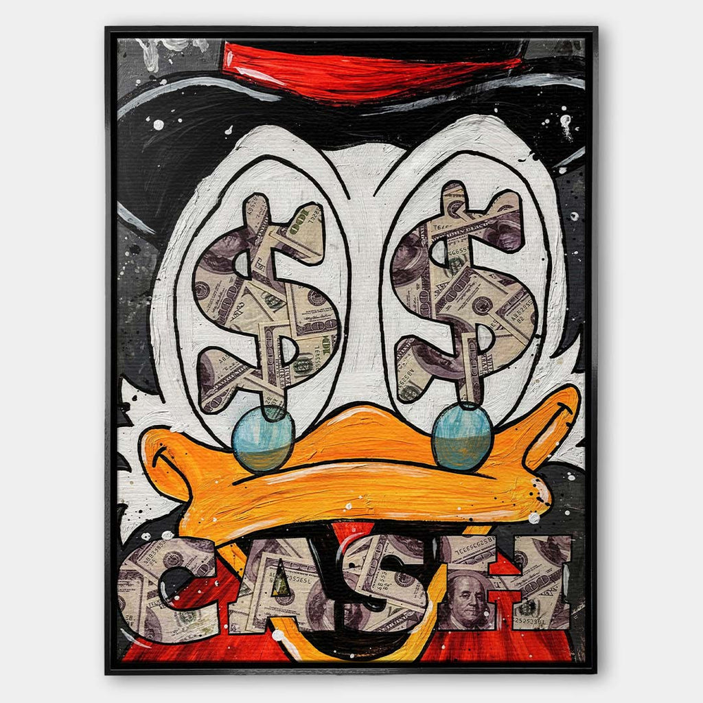 Nowoczesny obraz na płótnie pop-art z bliskim kadrem na oczy kaczora wypełnione symbolami dolarów i napisem Cash. Wydruk galeryjny.