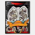 Nowoczesny obraz na płótnie pop-art z bliskim kadrem na oczy kaczora wypełnione symbolami dolarów i napisem Cash. Wydruk galeryjny.