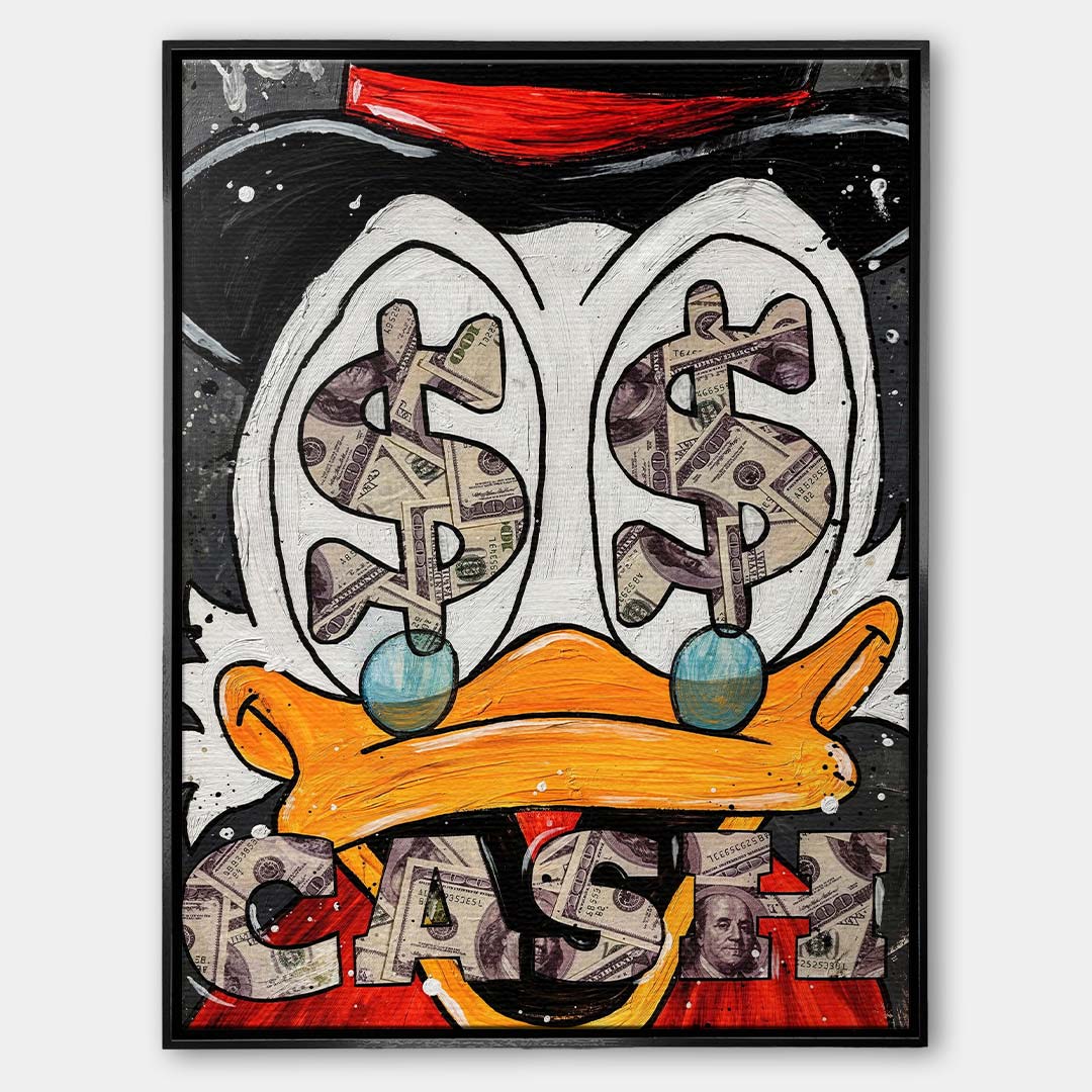 Nowoczesny obraz na płótnie pop-art z bliskim kadrem na oczy kaczora wypełnione symbolami dolarów i napisem Cash. Wydruk galeryjny.