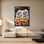Nowoczesny obraz na płótnie pop-art z bliskim kadrem na oczy kaczora wypełnione symbolami dolarów i napisem Cash. Wydruk galeryjny.