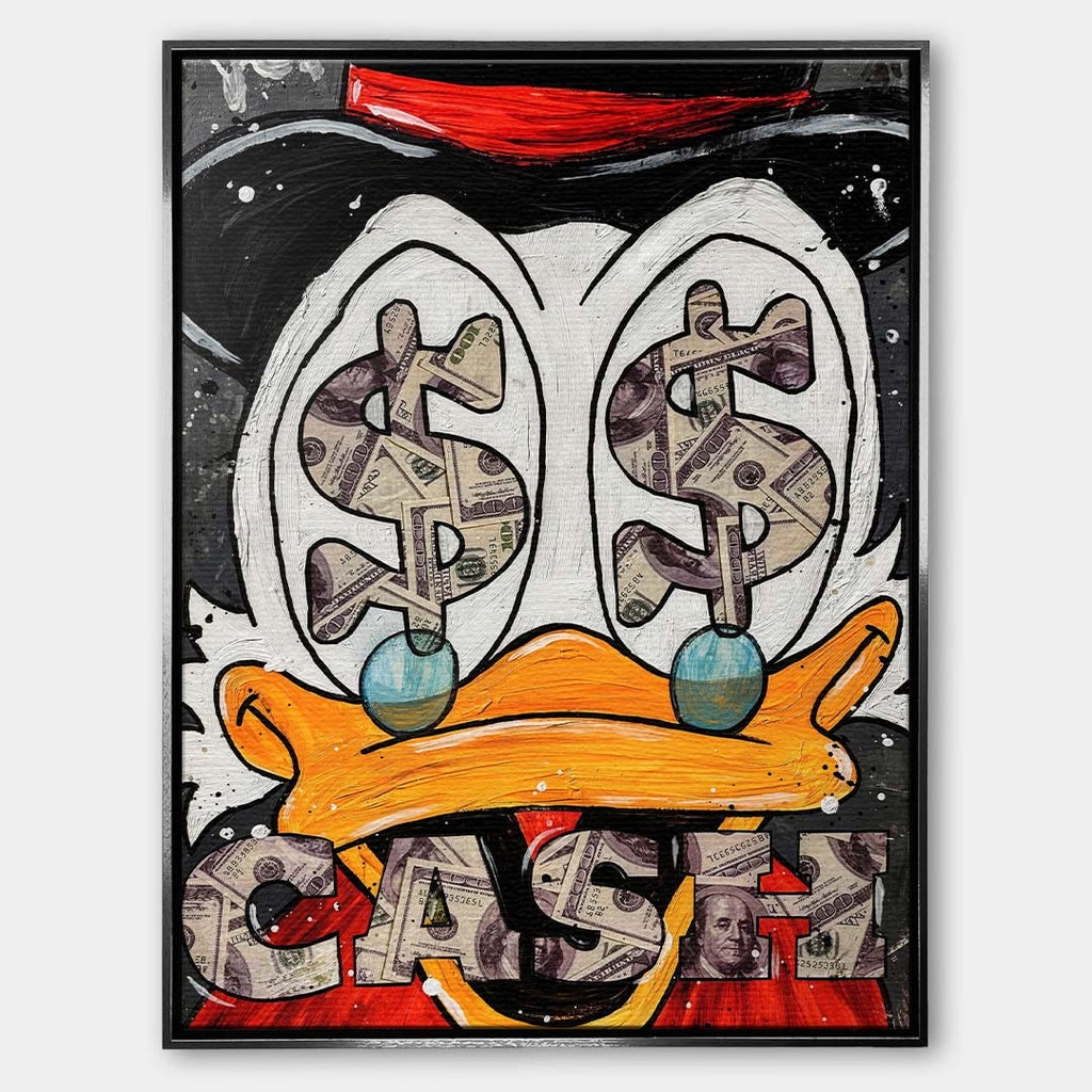 Nowoczesny obraz na płótnie pop-art z bliskim kadrem na oczy kaczora wypełnione symbolami dolarów i napisem Cash. Wydruk galeryjny.