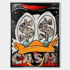 Nowoczesny obraz na płótnie pop-art z bliskim kadrem na oczy kaczora wypełnione symbolami dolarów i napisem Cash. Wydruk galeryjny.