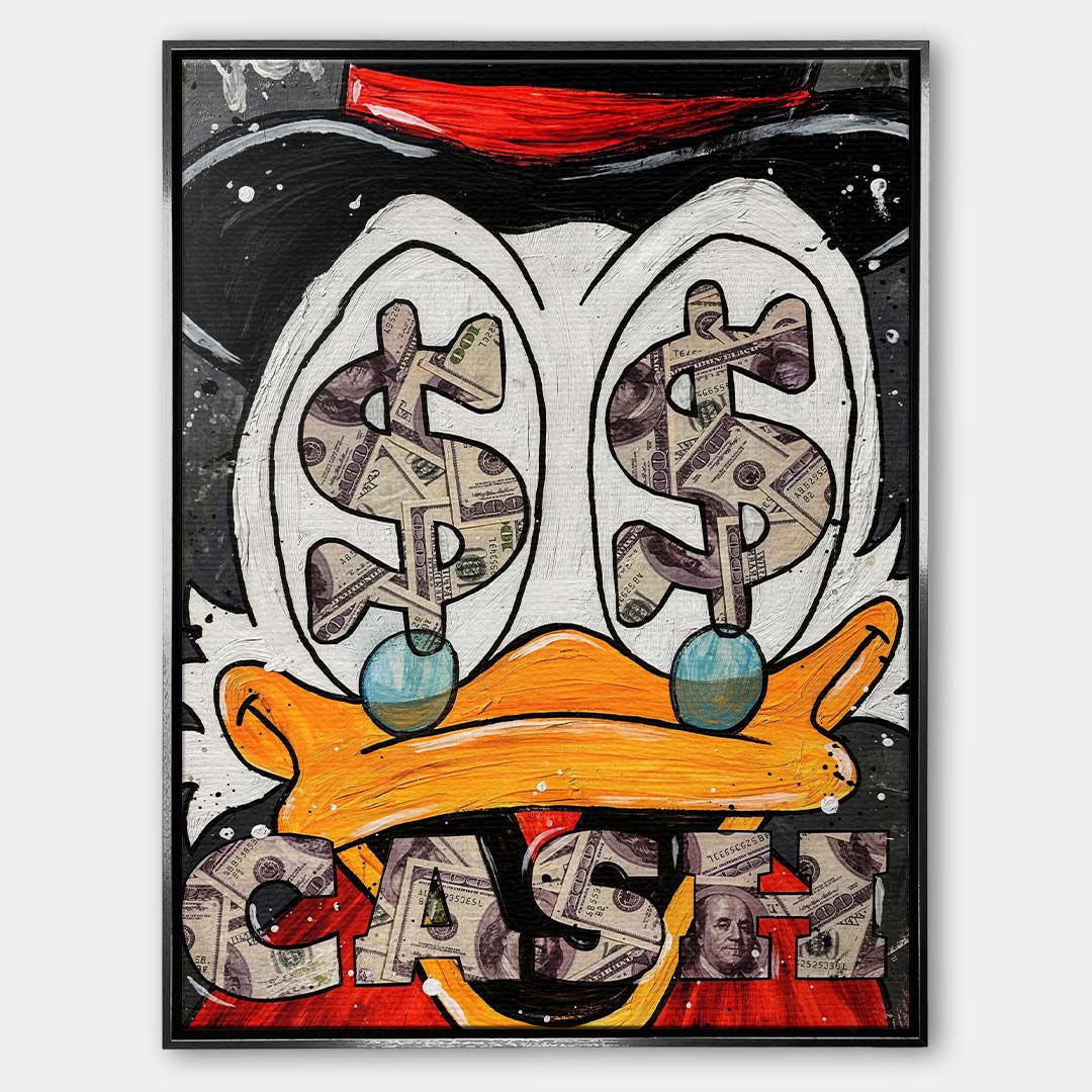 Nowoczesny obraz na płótnie pop-art z bliskim kadrem na oczy kaczora wypełnione symbolami dolarów i napisem Cash. Wydruk galeryjny.