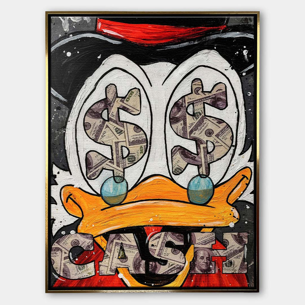 Nowoczesny obraz na płótnie pop-art z bliskim kadrem na oczy kaczora wypełnione symbolami dolarów i napisem Cash. Wydruk galeryjny.
