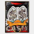 Nowoczesny obraz na płótnie pop-art z bliskim kadrem na oczy kaczora wypełnione symbolami dolarów i napisem Cash. Wydruk galeryjny.