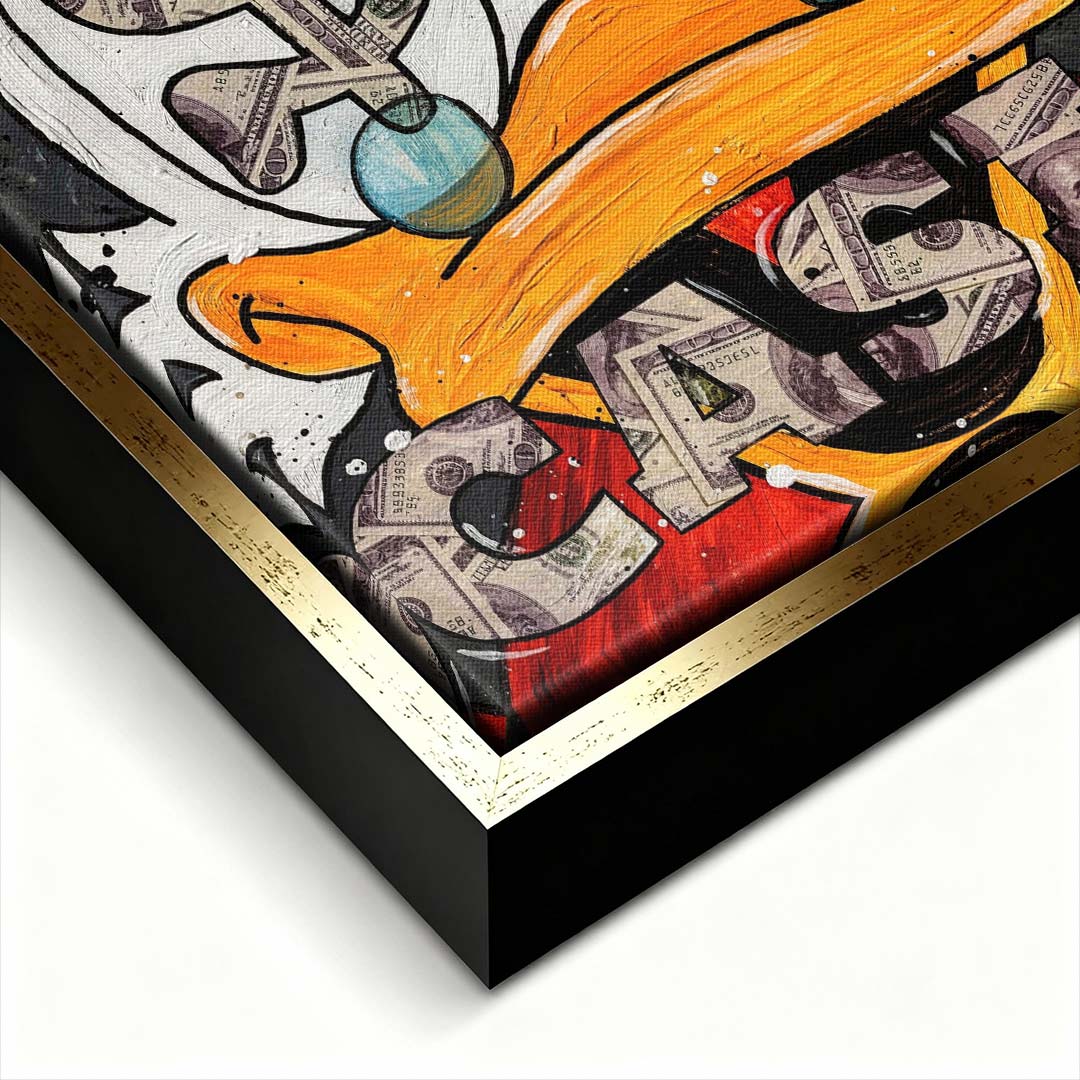 Nowoczesny obraz na płótnie pop-art z bliskim kadrem na oczy kaczora wypełnione symbolami dolarów i napisem Cash. Wydruk galeryjny.