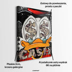 Nowoczesny obraz na płótnie pop-art z bliskim kadrem na oczy kaczora wypełnione symbolami dolarów i napisem Cash. Wydruk galeryjny.