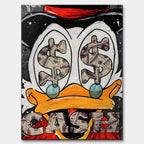Nowoczesny obraz na płótnie pop-art z bliskim kadrem na oczy kaczora wypełnione symbolami dolarów i napisem Cash. Wydruk galeryjny.