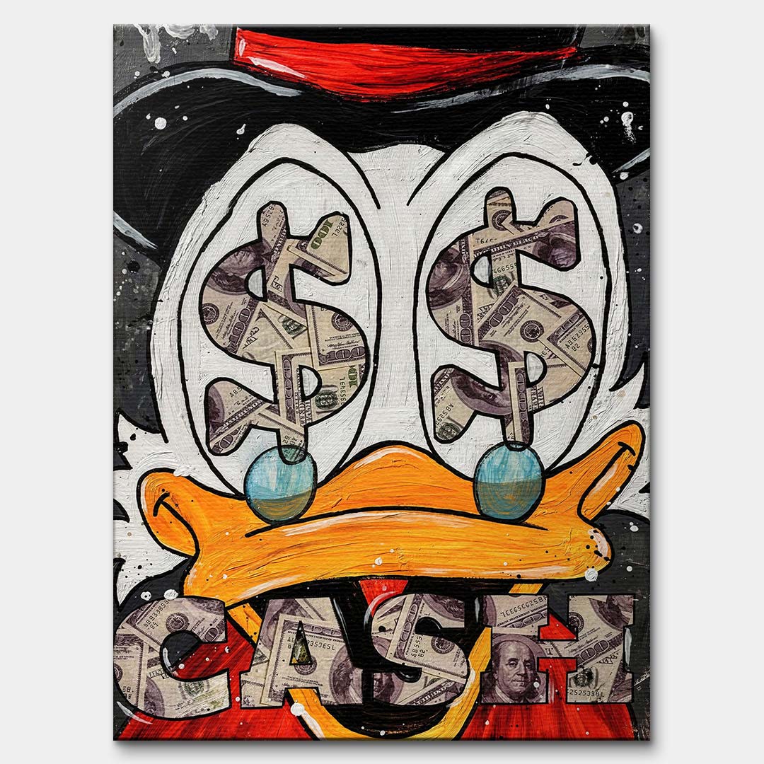 Nowoczesny obraz na płótnie pop-art z bliskim kadrem na oczy kaczora wypełnione symbolami dolarów i napisem Cash. Wydruk galeryjny.
