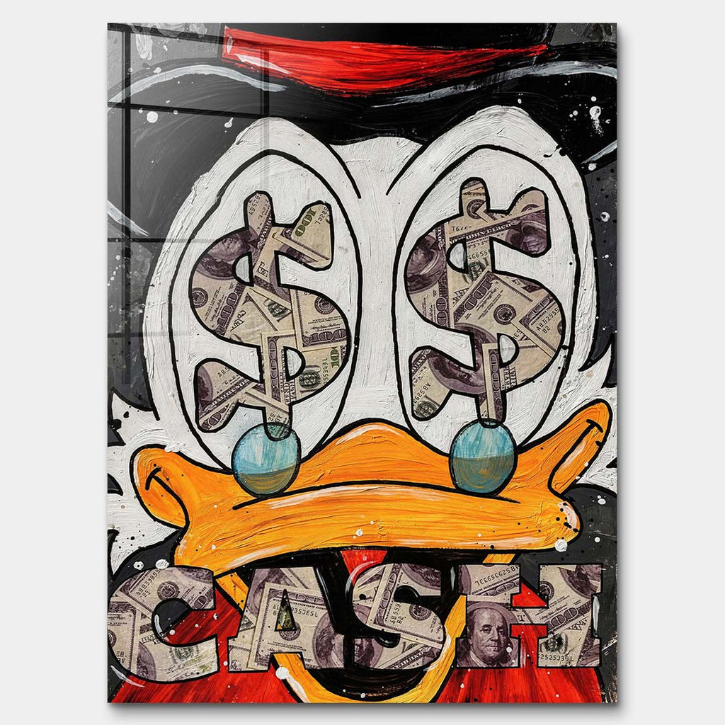 Nowoczesny obraz na szkle akrylowym pop-art z bliskim kadrem na oczy kaczora wypełnione symbolami dolarów i napisem Cash. Wydruk galeryjny.