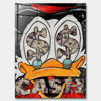 Nowoczesny obraz na szkle akrylowym pop-art z bliskim kadrem na oczy kaczora wypełnione symbolami dolarów i napisem Cash. Wydruk galeryjny.