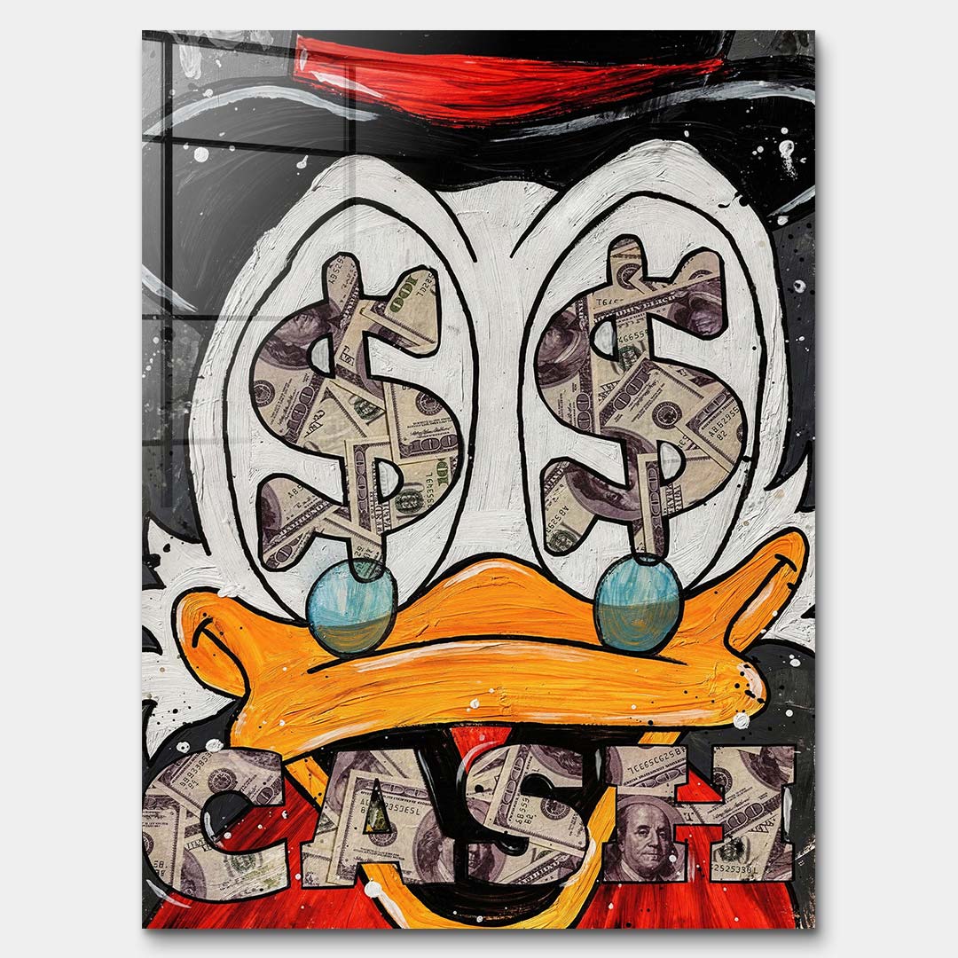 Nowoczesny obraz na szkle akrylowym pop-art z bliskim kadrem na oczy kaczora wypełnione symbolami dolarów i napisem Cash. Wydruk galeryjny.