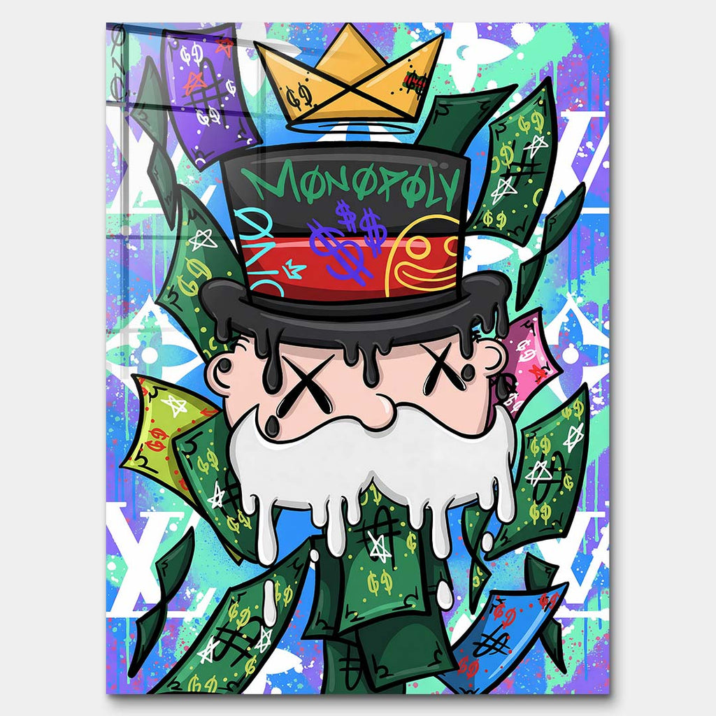 Nowoczesny obraz pop-art na szkle akrylowym przedstawiający postać w cylindrze z koroną z papieru na tle graffiti i banknotów. Wydruk galeryjny Huephant.