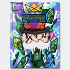 Nowoczesny obraz pop-art na szkle akrylowym przedstawiający postać w cylindrze z koroną z papieru na tle graffiti i banknotów. Wydruk galeryjny Huephant.