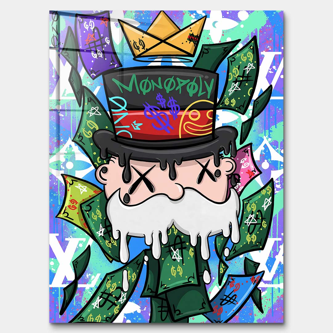 Nowoczesny obraz pop-art na szkle akrylowym przedstawiający postać w cylindrze z koroną z papieru na tle graffiti i banknotów. Wydruk galeryjny Huephant.