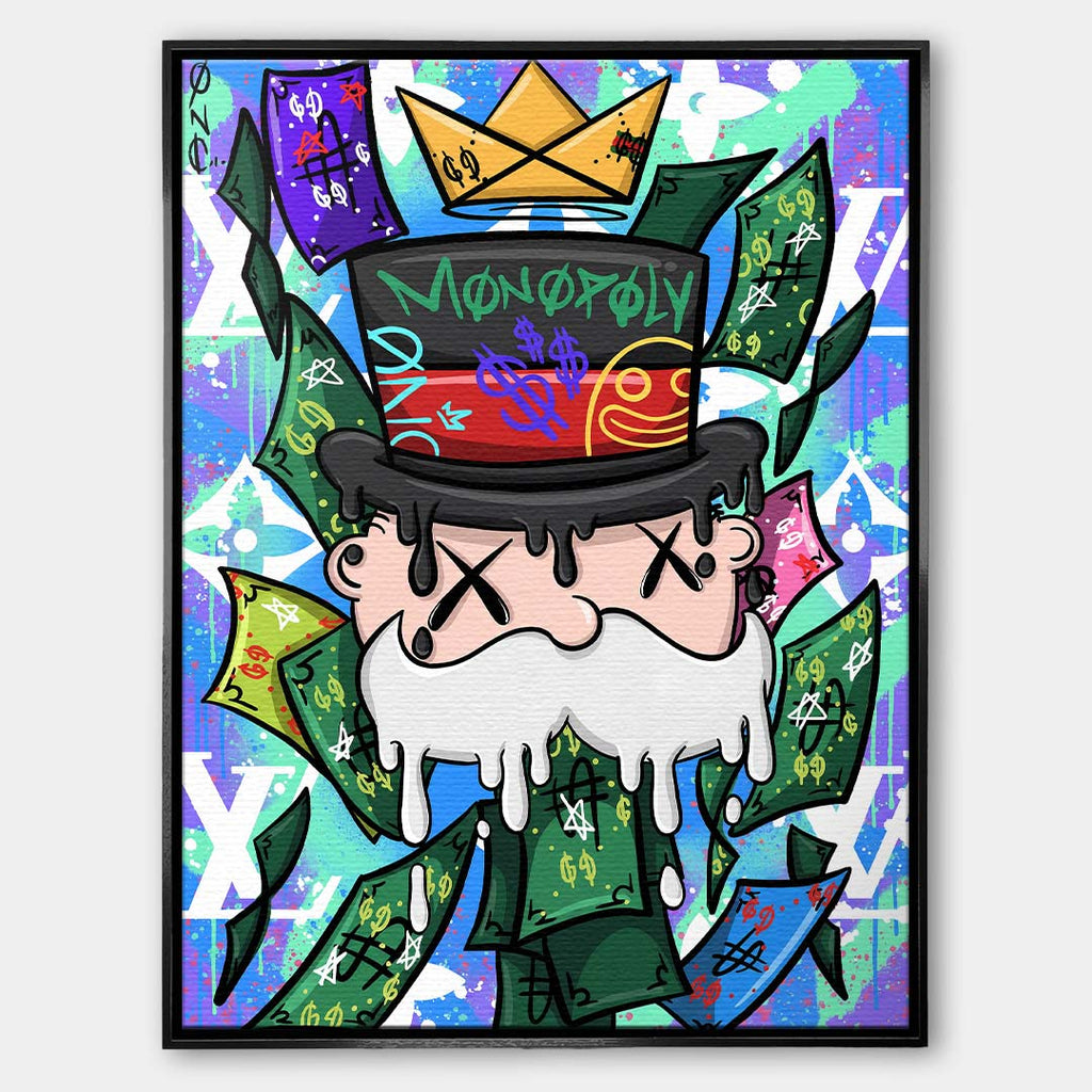 Nowoczesny obraz pop-art na płótnie przedstawiający postać w cylindrze z koroną z papieru na tle graffiti i banknotów. Wydruk galeryjny Huephant.
