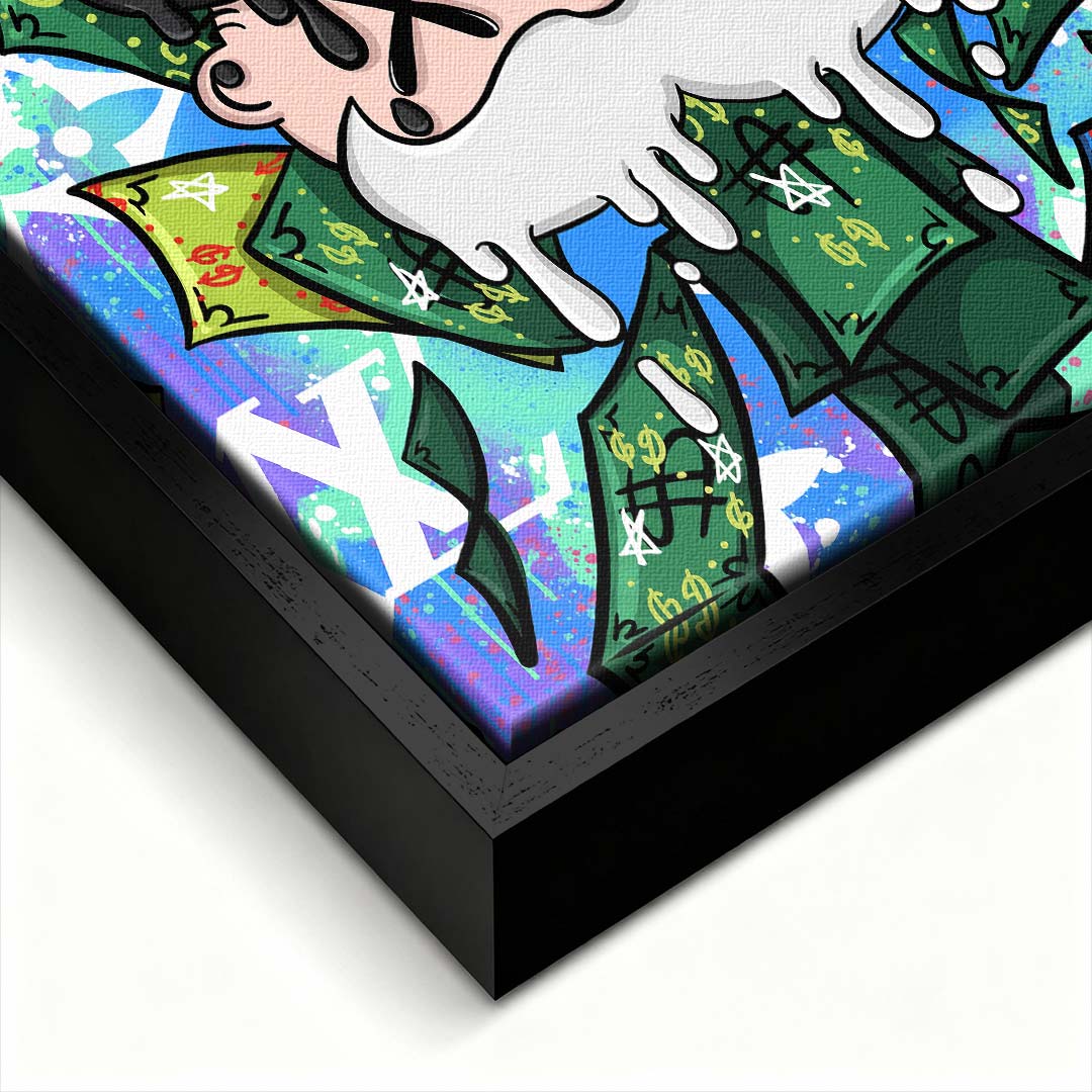Nowoczesny obraz pop-art na płótnie przedstawiający postać w cylindrze z koroną z papieru na tle graffiti i banknotów. Wydruk galeryjny Huephant.