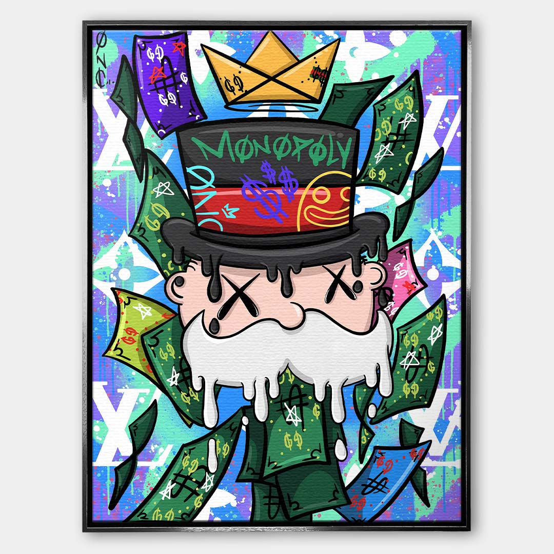 Nowoczesny obraz pop-art na płótnie przedstawiający postać w cylindrze z koroną z papieru na tle graffiti i banknotów. Wydruk galeryjny Huephant.