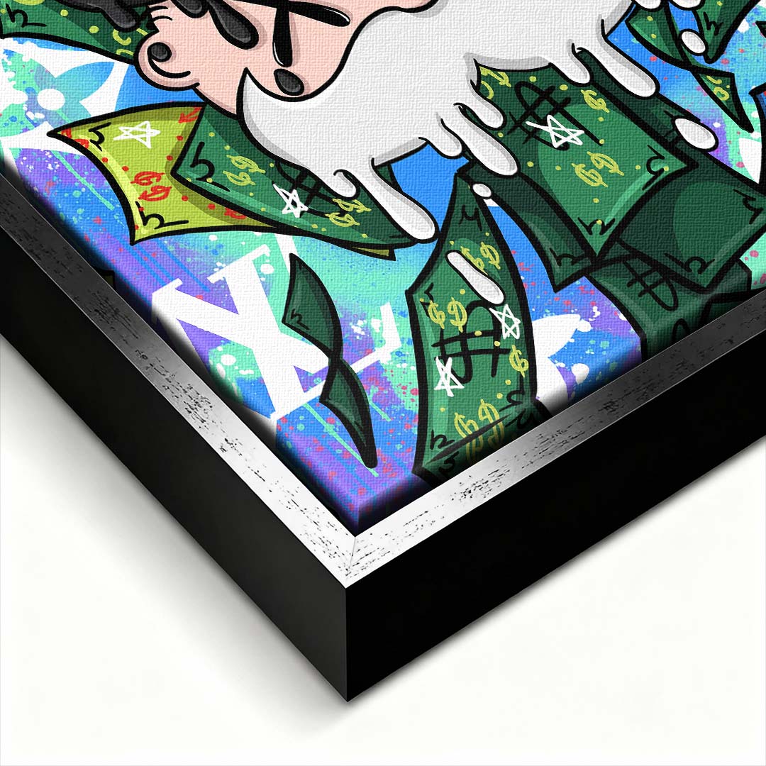 Nowoczesny obraz pop-art na płótnie przedstawiający postać w cylindrze z koroną z papieru na tle graffiti i banknotów. Wydruk galeryjny Huephant.