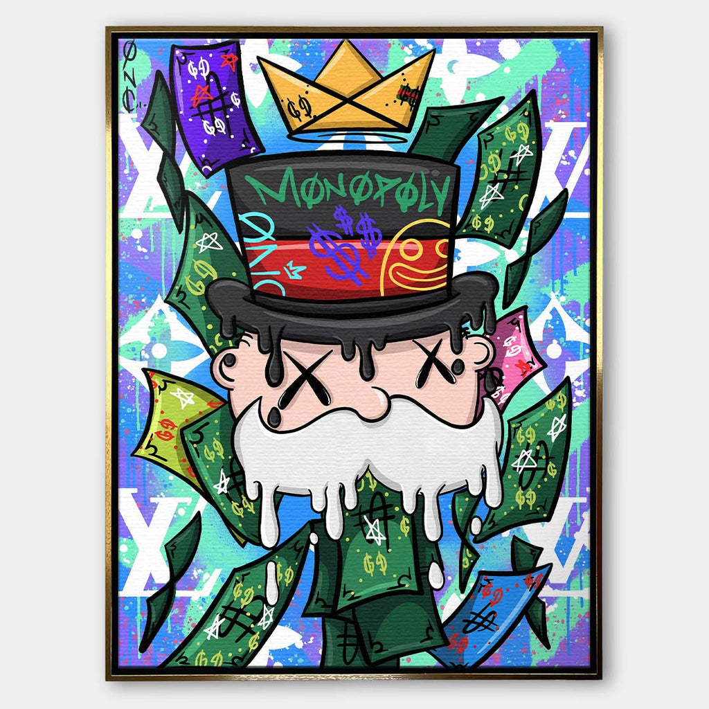 Nowoczesny obraz pop-art na płótnie przedstawiający postać w cylindrze z koroną z papieru na tle graffiti i banknotów. Wydruk galeryjny Huephant.