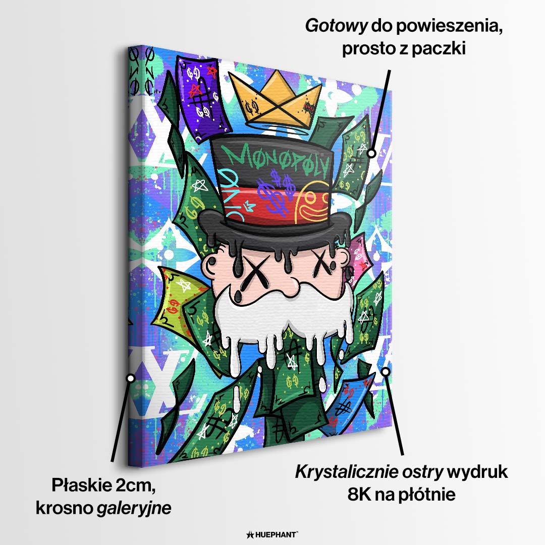 Nowoczesny obraz pop-art na płótnie przedstawiający postać w cylindrze z koroną z papieru na tle graffiti i banknotów. Wydruk galeryjny Huephant.