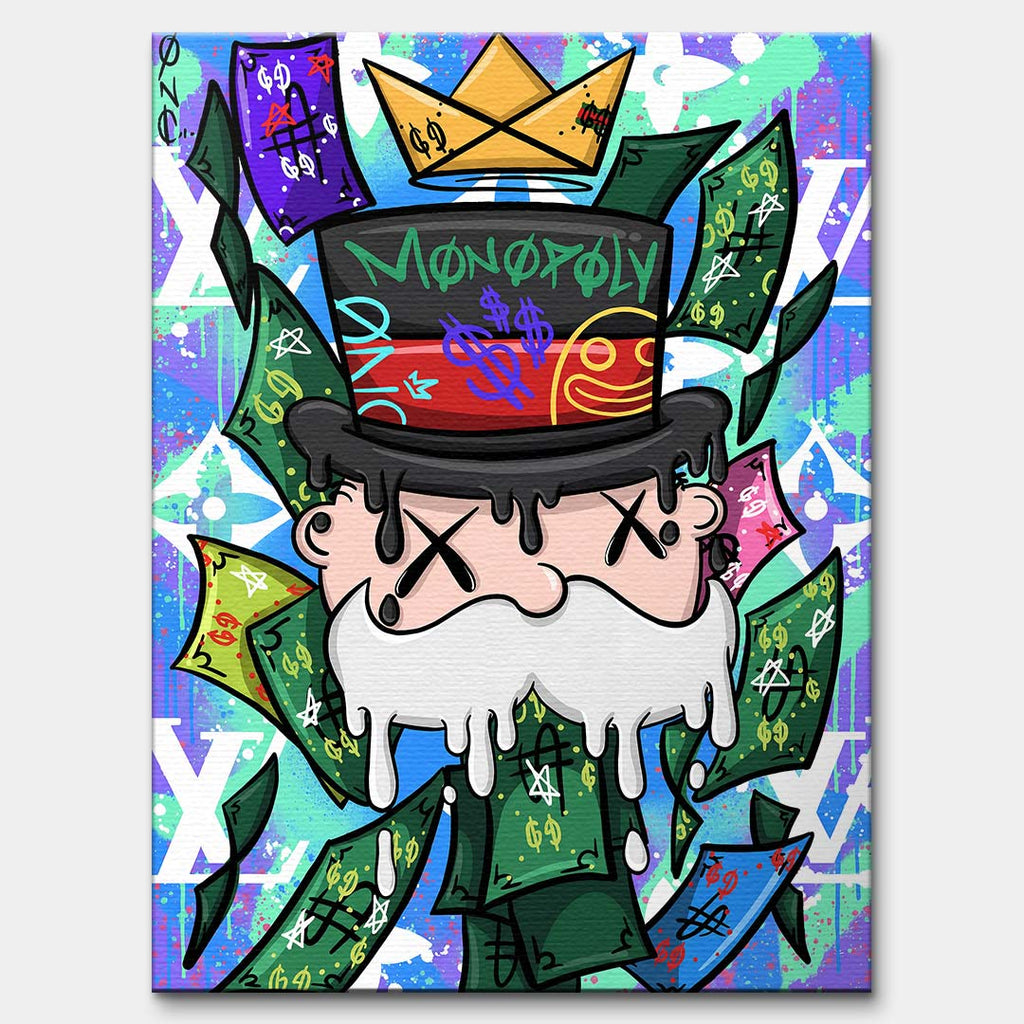 Nowoczesny obraz pop-art na płótnie przedstawiający postać w cylindrze z koroną z papieru na tle graffiti i banknotów. Wydruk galeryjny Huephant.