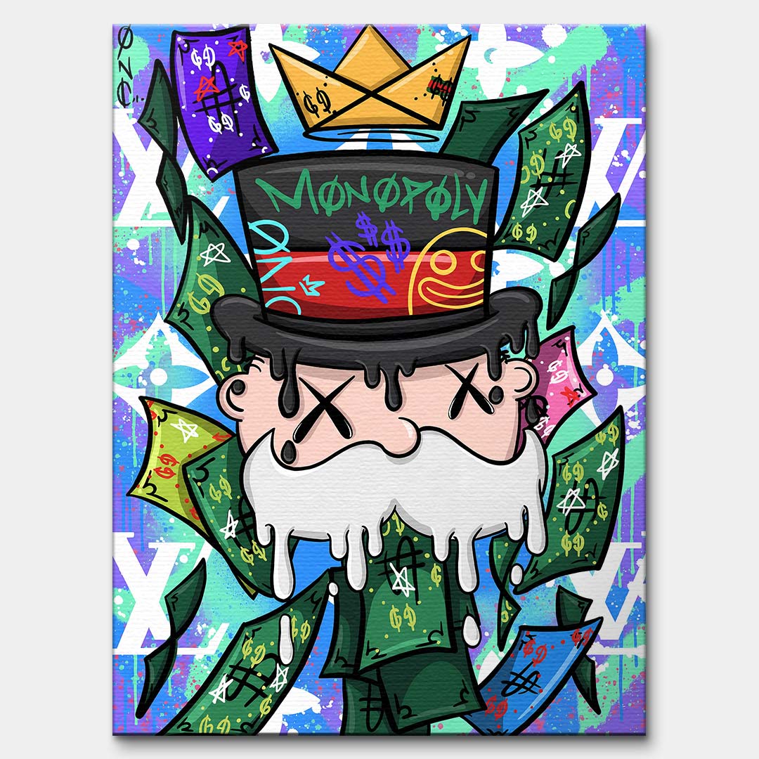 Nowoczesny obraz pop-art na płótnie przedstawiający postać w cylindrze z koroną z papieru na tle graffiti i banknotów. Wydruk galeryjny Huephant.