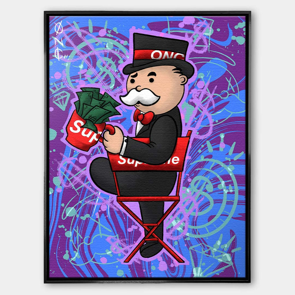 Nowoczesny obraz pop-art na płótnie przedstawiający postać w cylindrze z kubkiem pełnym banknotów na czerwonym krześle. Wydruk galeryjny Huephant.