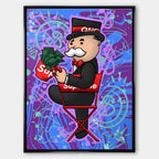 Nowoczesny obraz pop-art na płótnie przedstawiający postać w cylindrze z kubkiem pełnym banknotów na czerwonym krześle. Wydruk galeryjny Huephant.