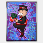 Nowoczesny obraz pop-art na płótnie przedstawiający postać w cylindrze z kubkiem pełnym banknotów na czerwonym krześle. Wydruk galeryjny Huephant.