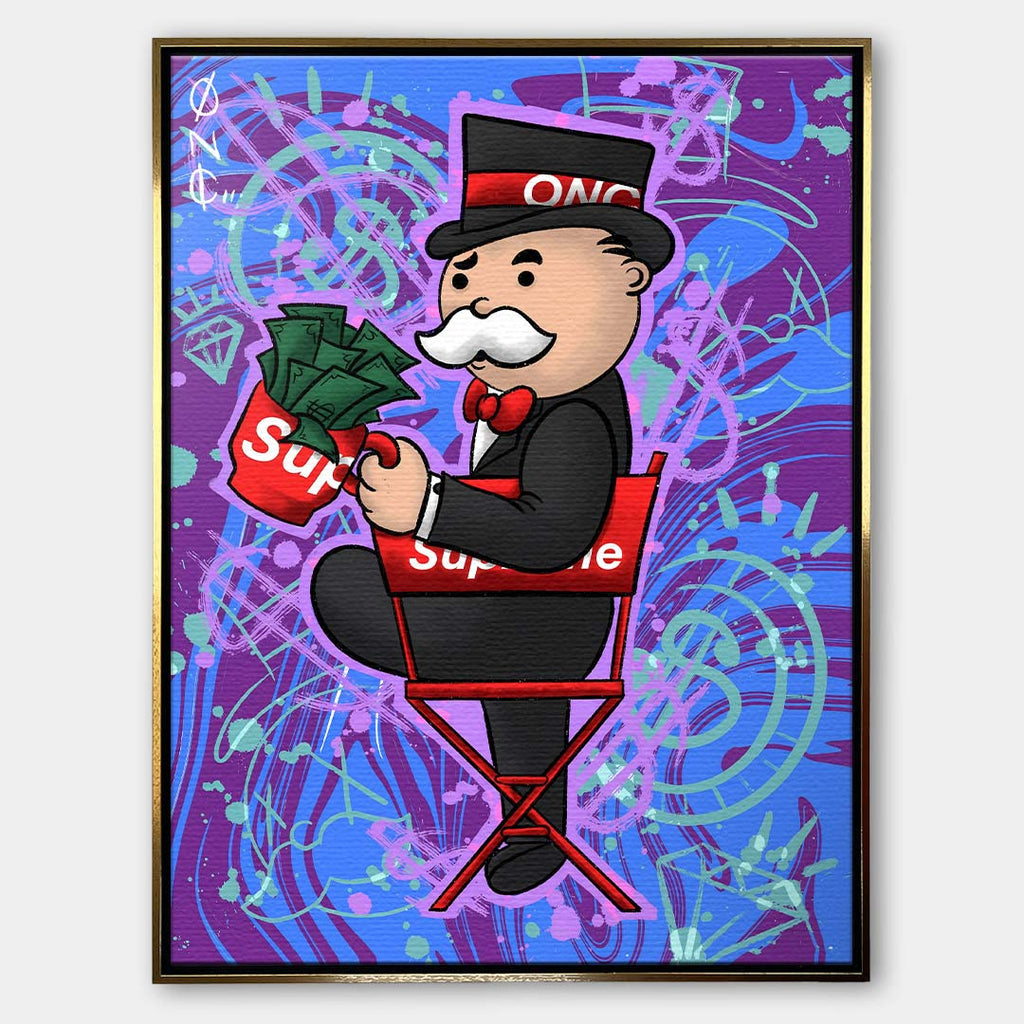 Nowoczesny obraz pop-art na płótnie przedstawiający postać w cylindrze z kubkiem pełnym banknotów na czerwonym krześle. Wydruk galeryjny Huephant.