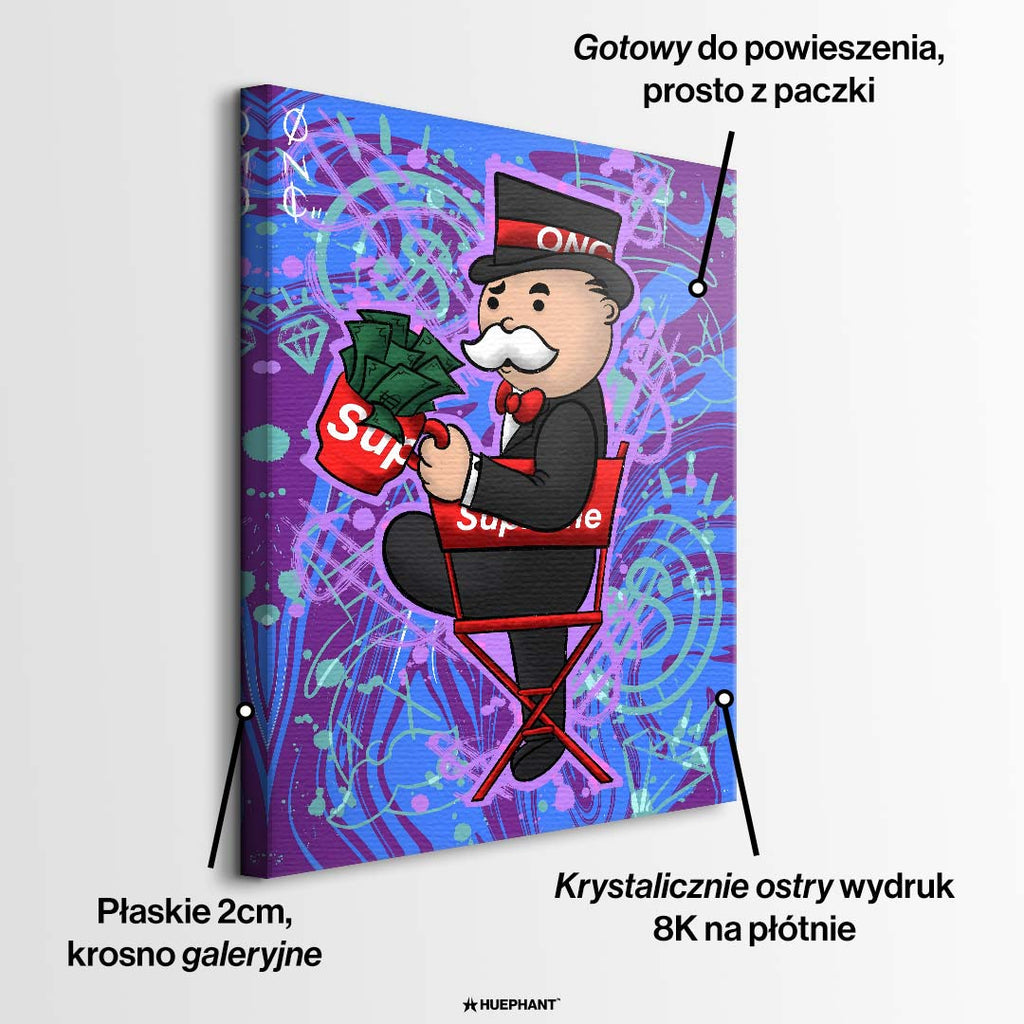 Nowoczesny obraz pop-art na płótnie przedstawiający postać w cylindrze z kubkiem pełnym banknotów na czerwonym krześle. Wydruk galeryjny Huephant.