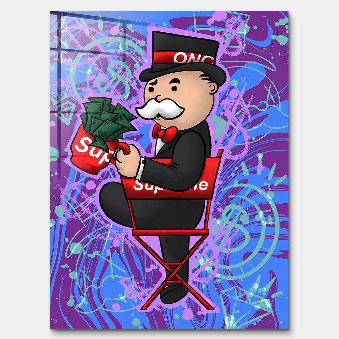 Nowoczesny obraz pop-art na szkle akrylowym przedstawiający postać w cylindrze z kubkiem pełnym banknotów na czerwonym krześle. Wydruk galeryjny Huephant.