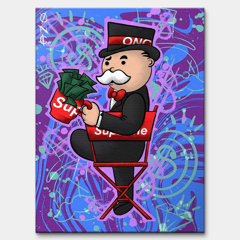 Nowoczesny obraz pop-art na płótnie przedstawiający postać w cylindrze z kubkiem pełnym banknotów na czerwonym krześle. Wydruk galeryjny Huephant.