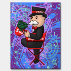 Nowoczesny obraz pop-art na płótnie przedstawiający postać w cylindrze z kubkiem pełnym banknotów na czerwonym krześle. Wydruk galeryjny Huephant.