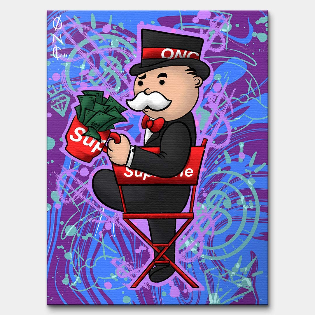Nowoczesny obraz pop-art na płótnie przedstawiający postać w cylindrze z kubkiem pełnym banknotów na czerwonym krześle. Wydruk galeryjny Huephant.