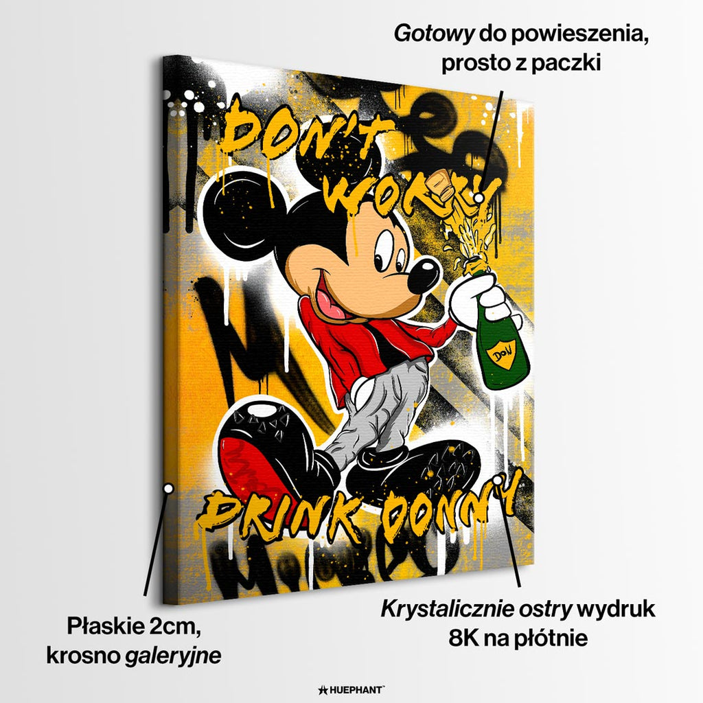 Obraz na płótnie pop art z ikoniczną myszką, zieloną butelką, graffiti i napisami Drink Donny, nowoczesna sztuka street art.