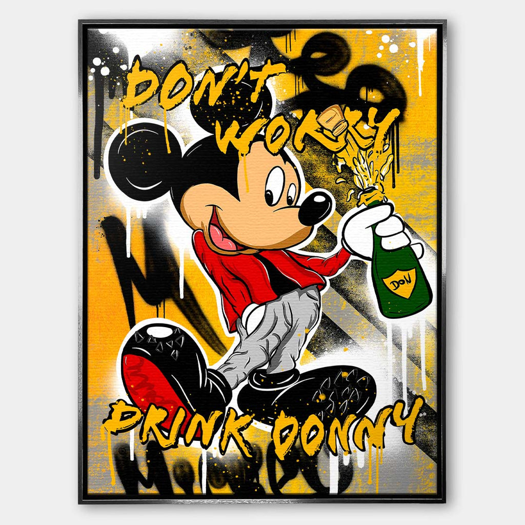 Obraz na płótnie pop art z ikoniczną myszką, zieloną butelką, graffiti i napisami Drink Donny, nowoczesna sztuka street art.