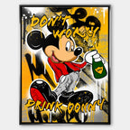 Obraz na płótnie pop art z ikoniczną myszką, zieloną butelką, graffiti i napisami Drink Donny, nowoczesna sztuka street art.