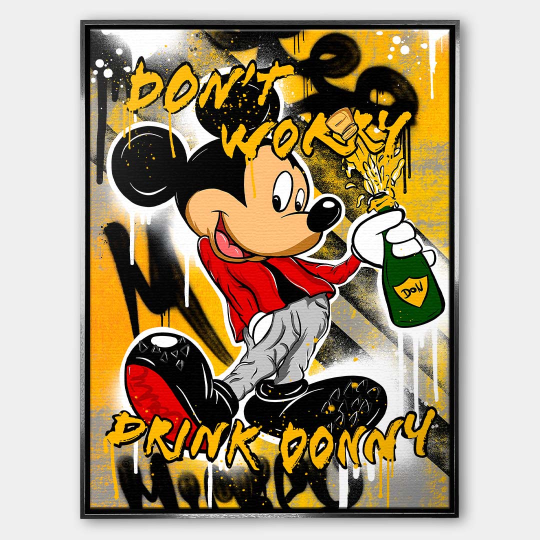 Obraz na płótnie pop art z ikoniczną myszką, zieloną butelką, graffiti i napisami Drink Donny, nowoczesna sztuka street art.